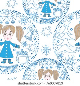 Seamless pattern with girl, gift, ball and other element. Winter holiday vector illustration. 