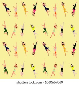 Seamless pattern, Girl Group. Models, Young Cartoon Woman Smiling Flat Vector Illustration