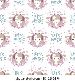 Seamless pattern Girl in headphones with floral decor and text Let's music. For spring season greetings, postcards, posters for nursery, packaging paper design