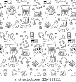 Seamless pattern with girl in headphones listening to music, blogger, podcast, microphone, laptop, sound recorder on white background. Vector illustration in doodle style