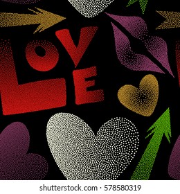 Seamless pattern with girl icons in pop art style on a black. Containt of arrow, hearts, kiss, lips, love text in dots for textile. Fashion Modern grunge background for girls.