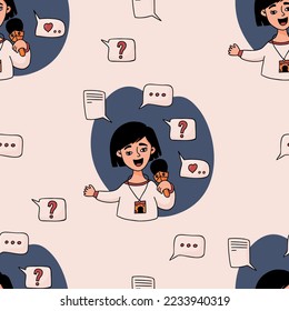 Seamless pattern with girl journalist reporter with microphone on light background with online messages. Vector illustration for journalism, profession, media and press theme design