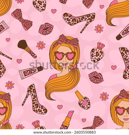 seamless pattern with   girl, leopard accessories and cosmetic