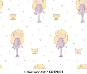 Seamless pattern girl and long hair  holding flower  in shoes  coat  scarf    striped kitten; vintage colors  Design concept for children    textile print  wallpaper  wrapping paper  Vector 