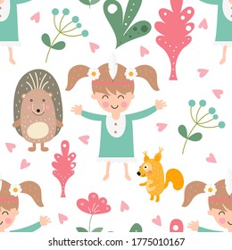 Seamless pattern for girl nursery design. Cute little girl, hedgehog, squirrel, plants on white background. Great for kids apparel, wallpaper. Vector illustration. Pattern is cut, no clipping mask.