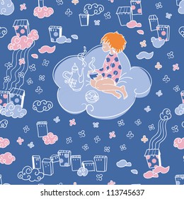 Seamless pattern with a girl on a cloud