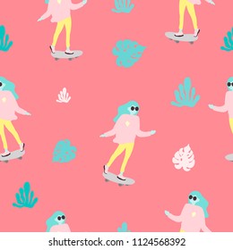 Seamless pattern. The girl on the skateboard. Minimalistic design. Flat design, vector illustration.