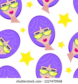Seamless pattern with girl on sunglasses on white background. Vector illustration