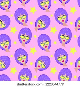 Seamless pattern with girl on sunglasses on pink background. Vector illustration
