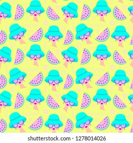 Seamless pattern with girl on sunglasses and watermelon on yellow background. Vector illustration