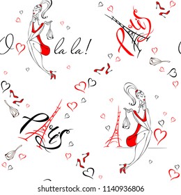 Seamless pattern. Girl in Paris.  Romantic print. Girl model on the background of the Eiffel tower. O La La. Lettering. Hearts. Vector