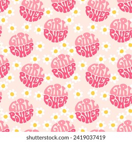 Seamless pattern with girl power groovy lettering in circle shape and daisies. Retro 70s feminist slogan background.