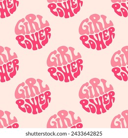 Seamless pattern with girl power groovy lettering in circle shape. Retro 70s feminist slogan for t-shirts, posters or cards.
