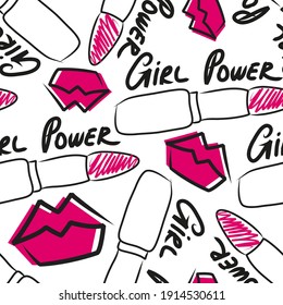 Seamless pattern with girl power inscription and doodle lips. Feminist slogan background. 