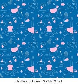 Seamless pattern with a girl practising yoga