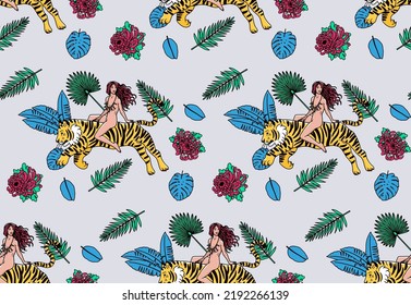 Seamless Pattern with Girl Riding the Tiger and Tropical Leaves. Vector Illustration.