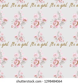 Seamless pattern with it's a girl and rose flower branch. Hand drawn gold and pink vintage vector watercolor illustration on white background. Baby shower design.