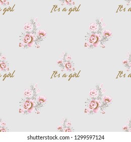 Seamless pattern with it's a girl and rose flower branch. Hand drawn gold and pink vintage vector watercolor illustration on white background. Baby shower design.