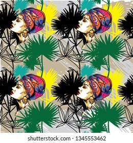 
Seamless pattern with a girl with a scarf on her head. Oriental girl with a chump, African. Exotic, bright girl. Tropical plants, palm trees. Multicolored drawing.
