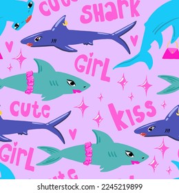 Seamless pattern with girl shark. Fashion background for textile, fabric, stationery, clothes, socks, pajamas and other designs.