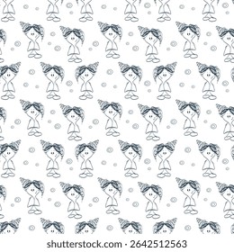 Padrão perfeito com uma garota. Garota tímida. Estilo irregular. Plano de fundo branco com círculos. Monocromático