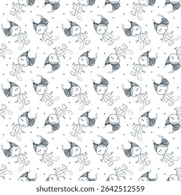 Seamless pattern with a girl. The girl is smiling. Sketchy style. White background. Monochrome