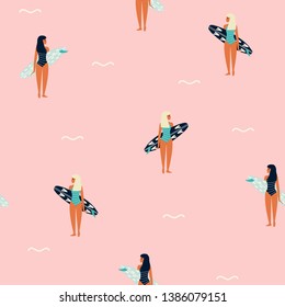 Seamless pattern with girl and surfboard. Summer trendy print. Vector hand drawn illustration.