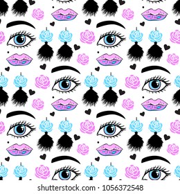Seamless pattern Girl with tassel earrings. Vector illustration isolated on white background. Concept texture for the jewelry store.