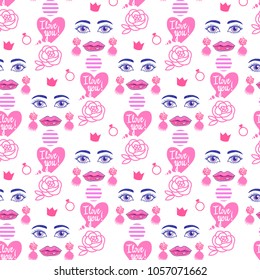 Seamless pattern Girl with tassel earrings. Vector illustration isolated on white background. Concept texture for the jewelry store.