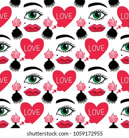 Seamless pattern Girl with tassel earrings. Vector illustration isolated on white background. Concept texture for the jewelry store.