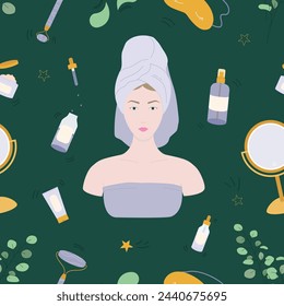 Seamless pattern with girl in towel, organic skin care products, gua sha roller, make up mirror, sleeping mask and eucalyptus branches.Home skin care treatment background