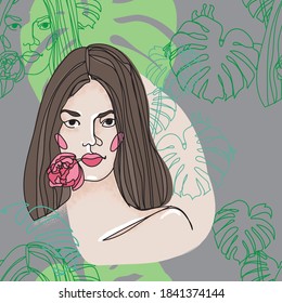 
Seamless pattern with girl and tropical flowers. One line drawing. Large monstera leaves.