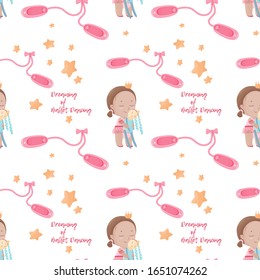 Seamless pattern of the girl in the tutu skirt  hugs her stitched rabbit toy among stars and pointes

