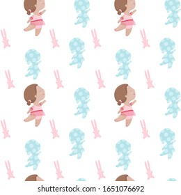 Seamless pattern of the girl in the tutu skirt dancing with her shadow and stitched rabbit toy. 
