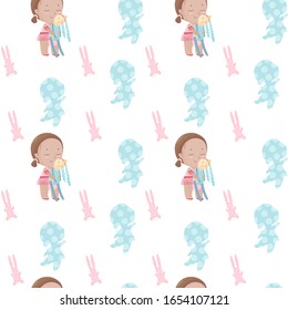 Seamless pattern of the girl in the tutu skirt  hugs her stitched rabbit toy 
