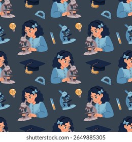 Padrão contínuo com menina usando microscópio e tampa acadêmica. Ciência e Educação Design para impressão de têxteis, papel de parede, papel de embrulho e papelaria. Perfeito para as roupas de CTEM das meninas, escola