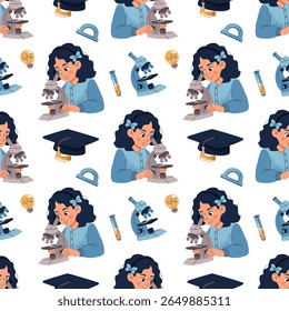 Seamless Pattern with Girl Using Microscope and Academic Cap. Science and Education Design for Textile Printing, Wallpaper, Wrapping Paper and Stationery. Perfect for Girls' STEM Clothing, School