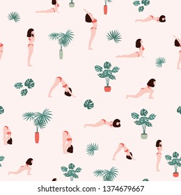 Seamless Pattern With A Girl In Various Poses From Surya Namaskar Asana And Potted Plants.eps