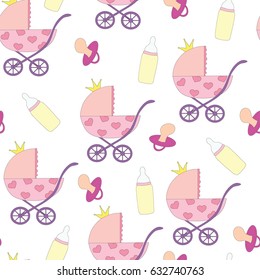 Seamless pattern for the girl. A vector picture with a carriage, a pacifier on a white background.