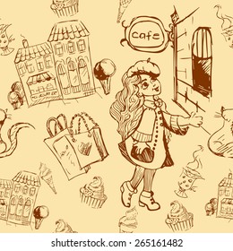 Seamless pattern with girl walk around the city