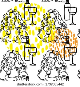 Seamless pattern girl with wine. Funny actual print.