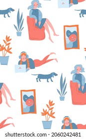 Seamless pattern with girl woman, frame, indoor plants. people in interior.