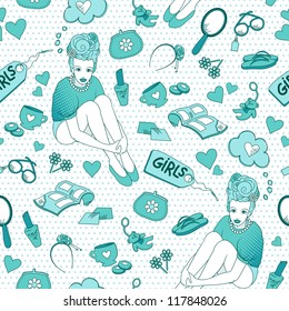 seamless pattern with girlish illustrations (JPEG available in my gallery)
