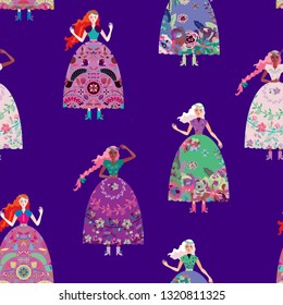 Seamless pattern. Girls in beautiful long festive dresses. Fashion designer clothes. Flower princess.