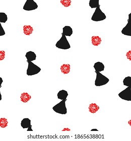 Seamless pattern with girls black silhouette and red roses isolated on white background. Drawn victorian lady and flowers texture, vector design eps 10