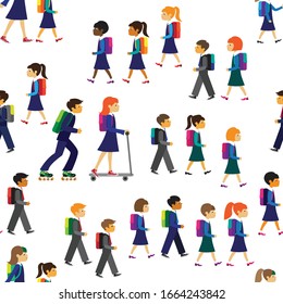 seamless pattern. girls and boys of different nationalities go to school. can be used to create a background in any children's products. flat pattern, bright colors. stock vector illustration.