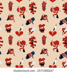 Seamless pattern with girls with a broken heart. Anti Valentine's day concept.