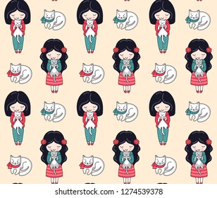Seamless pattern with girls and cats. Cute cozy vintage background. Print for textile, fabric, posters, decor, paper, wallpaper. Vector design for kids, children, babies.