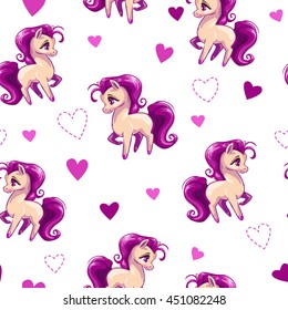 Seamless pattern for girls with cute cartoon little horse and hearts on white background, vector childish texture. Kids style wallpaper print.