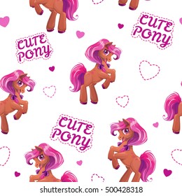 Seamless pattern for girls with cute cartoon little horse and hearts on light background, vector childish texture. Kids style wallpaper print